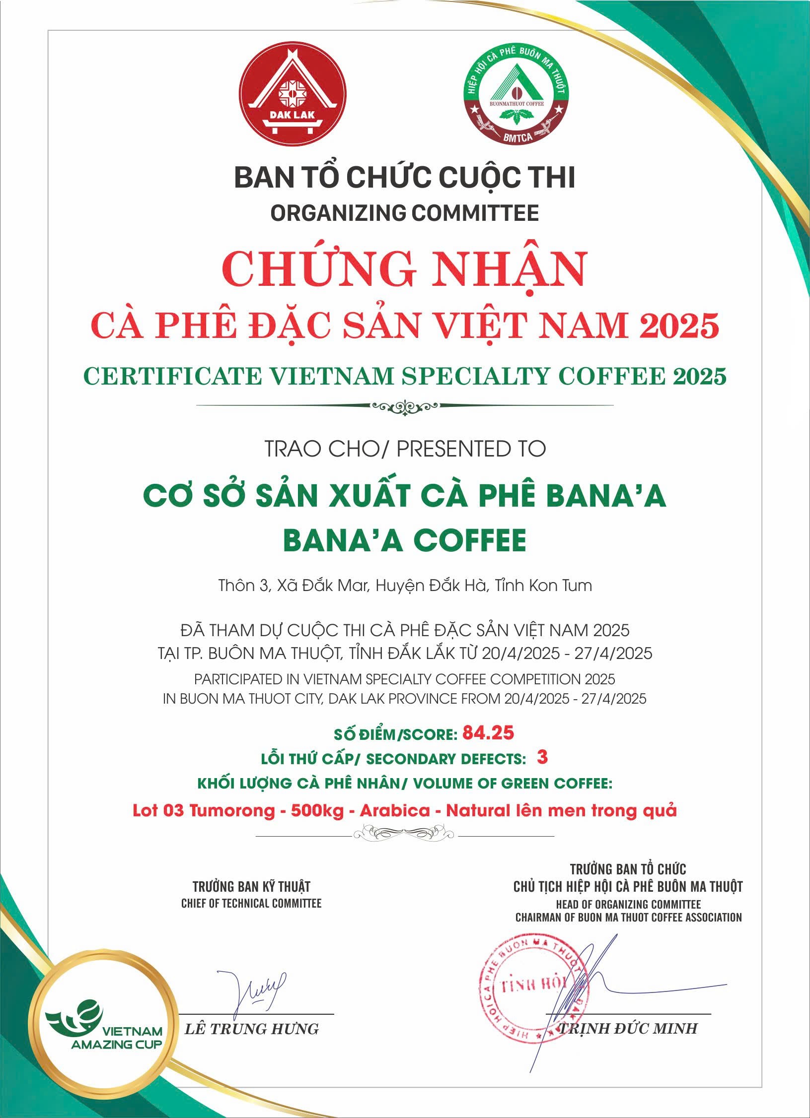 Chứng nhận Robusta Đắk Hà 2025